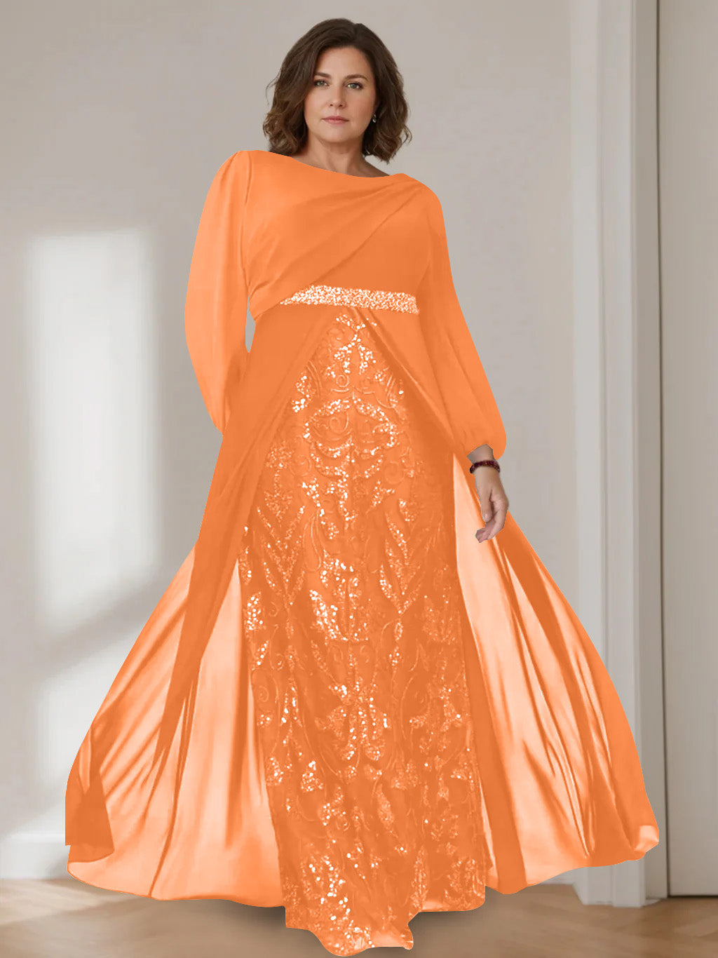A-Line/Princess Scoop Long Sleeves Floor-Length Plus Size Mother of the Bride Dresses with Sequins