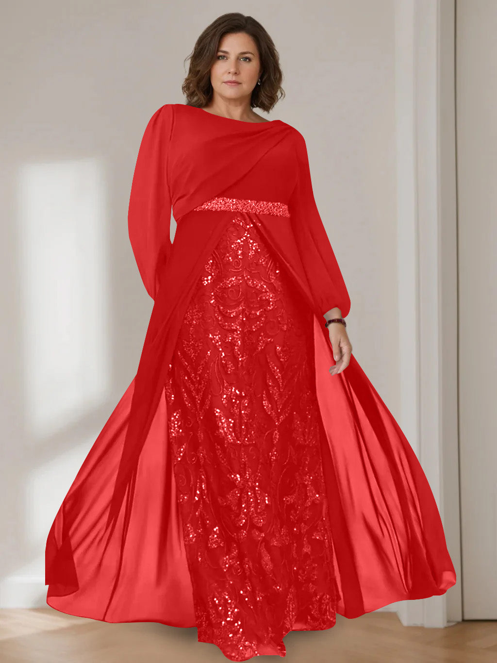 A-Line/Princess Scoop Long Sleeves Floor-Length Plus Size Mother of the Bride Dresses with Sequins