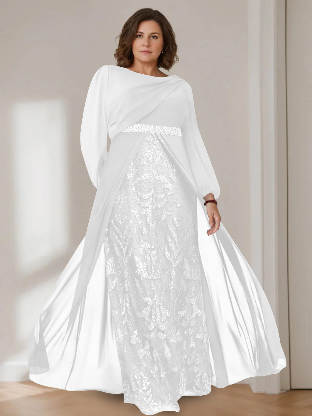 A-Line/Princess Scoop Long Sleeves Floor-Length Plus Size Mother of the Bride Dresses with Sequins
