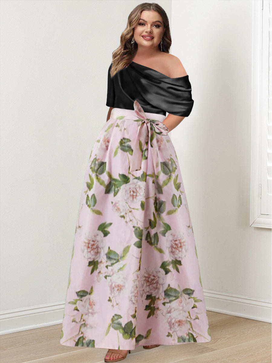 A-Line/Princess One-shoulder Printed Flower Plus Size Mother of the Bride Dresses with Bow Belt