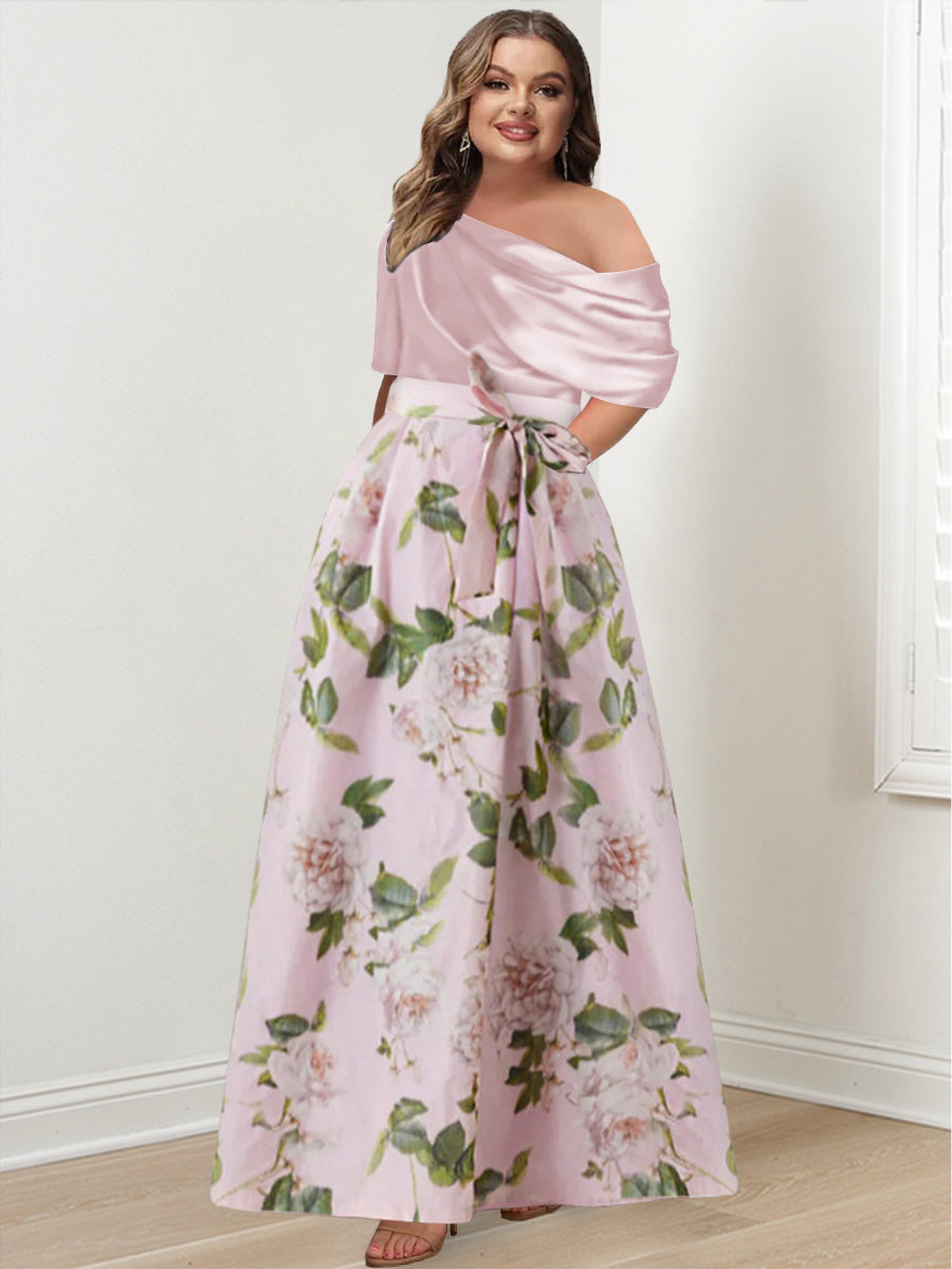 A-Line/Princess One-shoulder Printed Flower Plus Size Mother of the Bride Dresses with Bow Belt