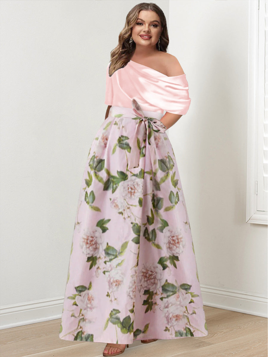 A-Line/Princess One-shoulder Printed Flower Plus Size Mother of the Bride Dresses with Bow Belt
