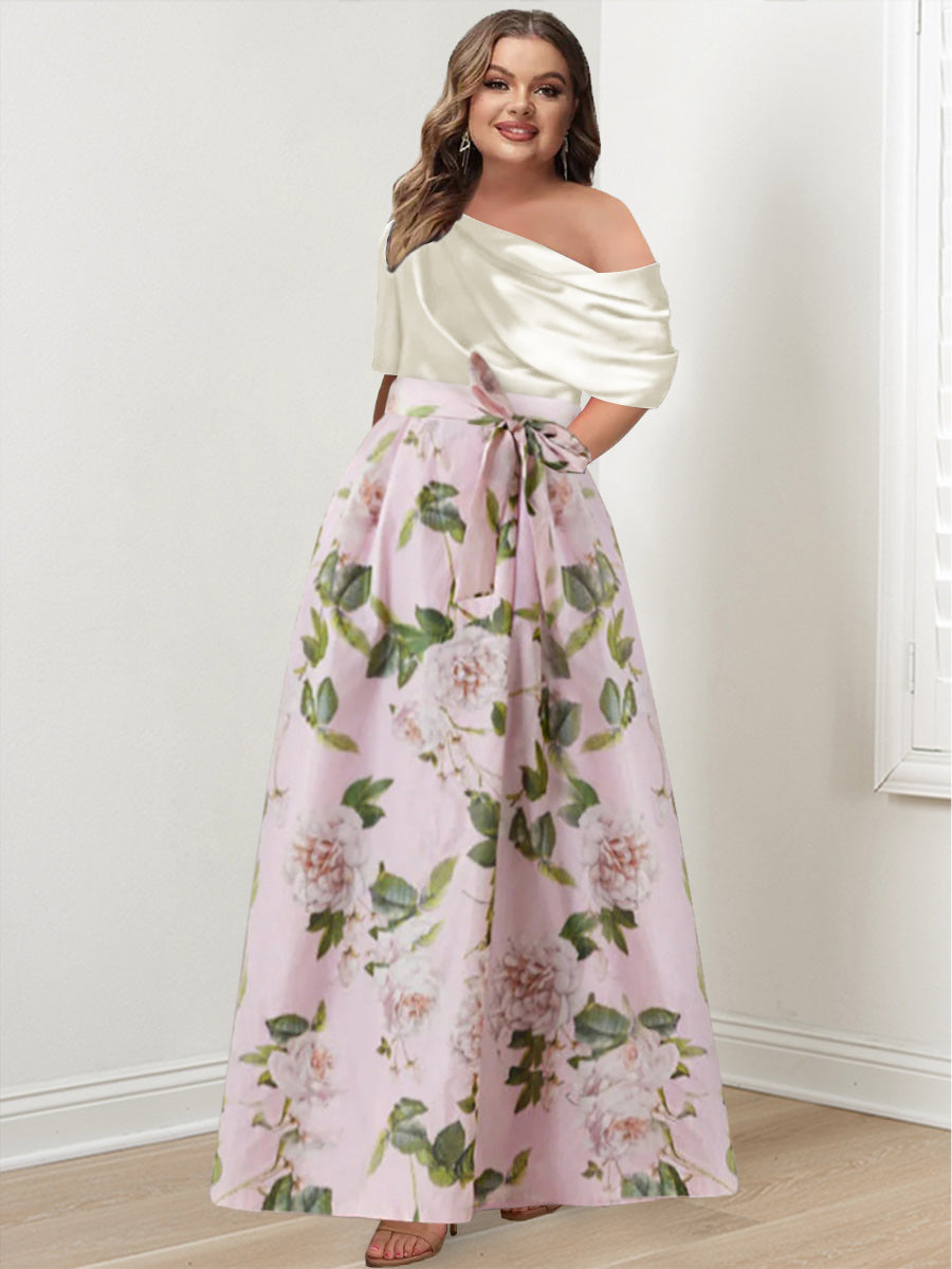 A-Line/Princess One-shoulder Printed Flower Plus Size Mother of the Bride Dresses with Bow Belt