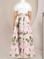 A-Line/Princess Shirt Collar Short Sleeves Floor-Length Printed Floral Plus Size Mother of the Bride Dresses with Bow Belt