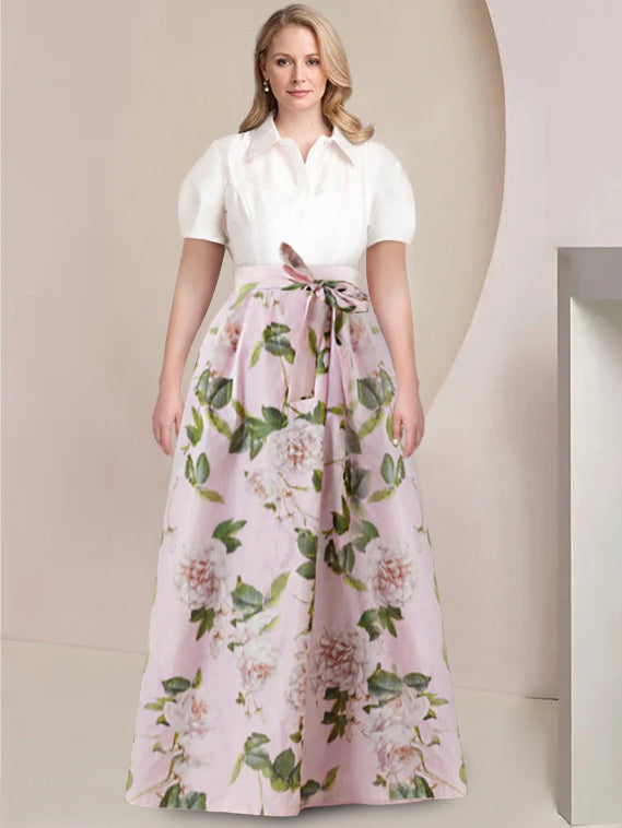 A-Line/Princess Shirt Collar Short Sleeves Floor-Length Printed Floral Plus Size Mother of the Bride Dresses with Bow Belt