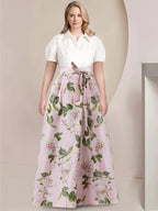 A-Line/Princess Shirt Collar Short Sleeves Floor-Length Printed Floral Plus Size Mother of the Bride Dresses with Bow Belt