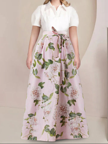 A-Line/Princess Shirt Collar Short Sleeves Floor-Length Printed Floral Plus Size Mother of the Bride Dresses with Bow Belt