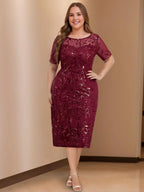 Sheath/Column Scoop Neck Half Sleeves Tea-Length Plus Size Mother of the Bride Dresses with Appliques