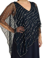 A-Line/Princess V-Neck Half Sleeves Ankle-Length Plus Size Mother of the Bride Dresses with Asymmetrical Cape Popover