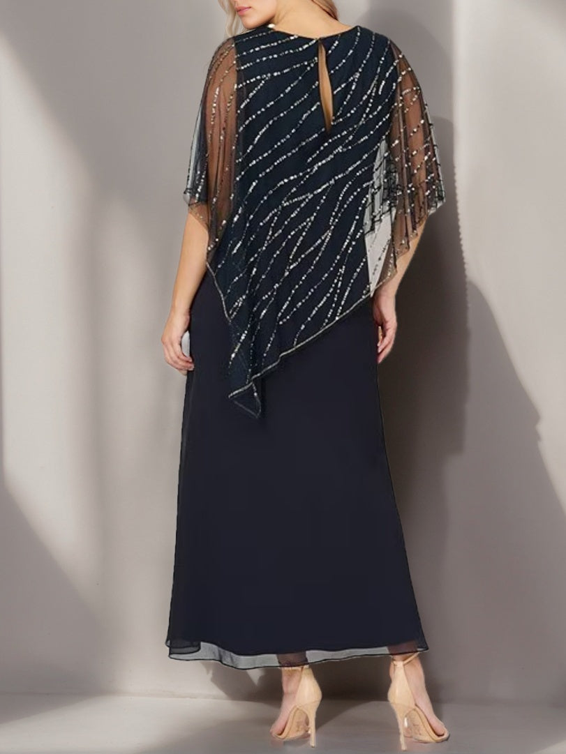 A-Line/Princess V-Neck Half Sleeves Ankle-Length Plus Size Mother of the Bride Dresses with Asymmetrical Cape Popover