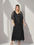 A-Line/Princess V-Neck Half Sleeves Ankle-Length Plus Size Mother of the Bride Dresses with Asymmetrical Cape Popover