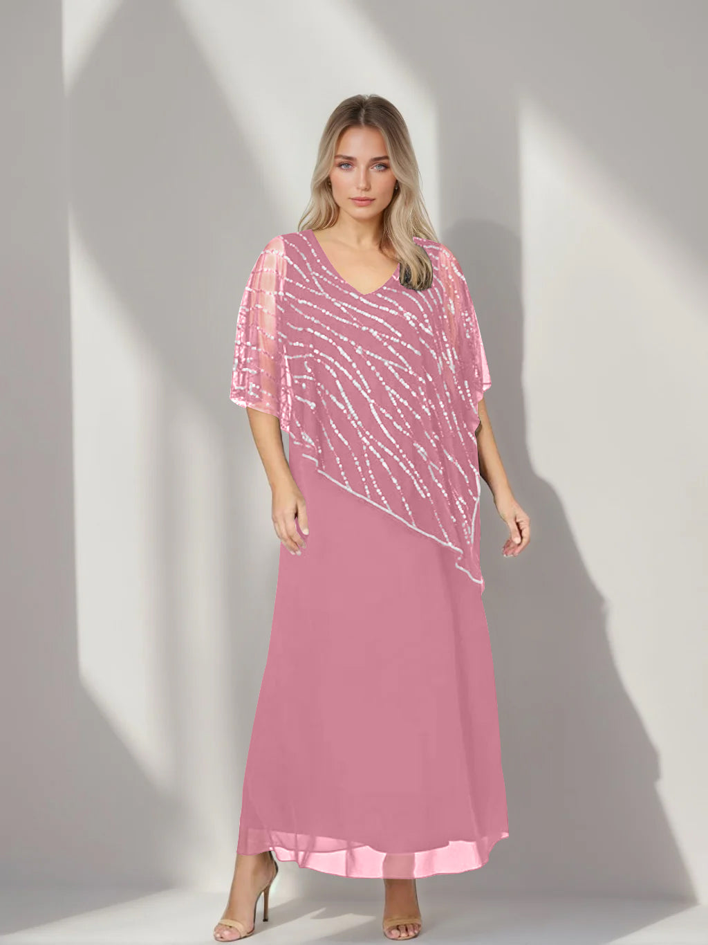 A-Line/Princess V-Neck Half Sleeves Ankle-Length Plus Size Mother of the Bride Dresses with Asymmetrical Cape Popover