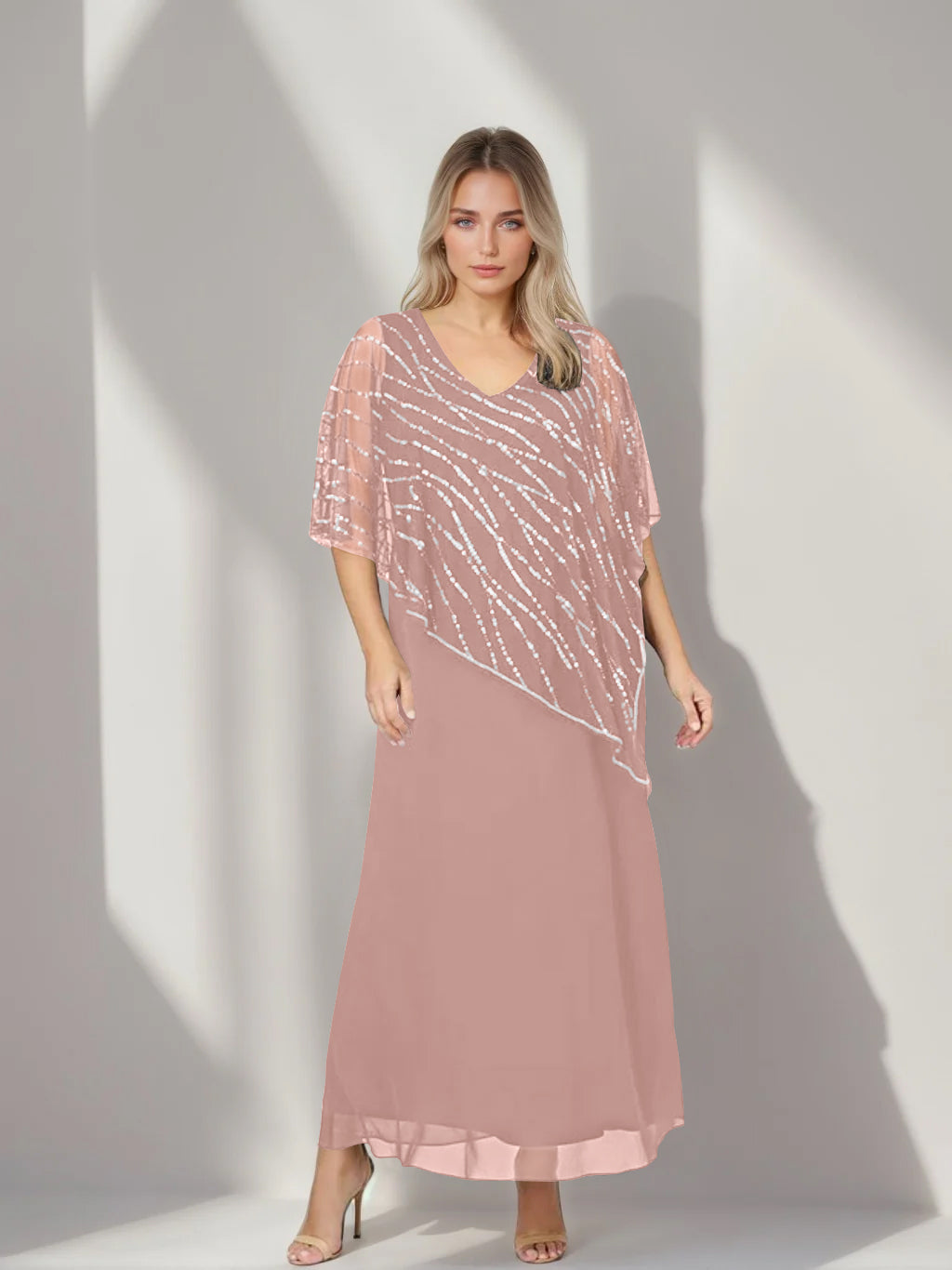 A-Line/Princess V-Neck Half Sleeves Ankle-Length Plus Size Mother of the Bride Dresses with Asymmetrical Cape Popover