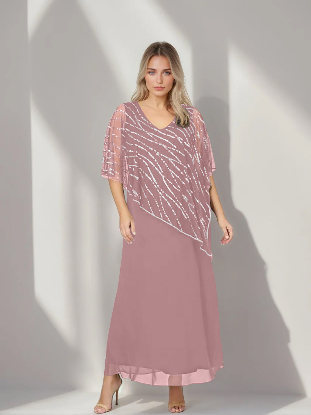 A-Line/Princess V-Neck Half Sleeves Ankle-Length Plus Size Mother of the Bride Dresses with Asymmetrical Cape Popover