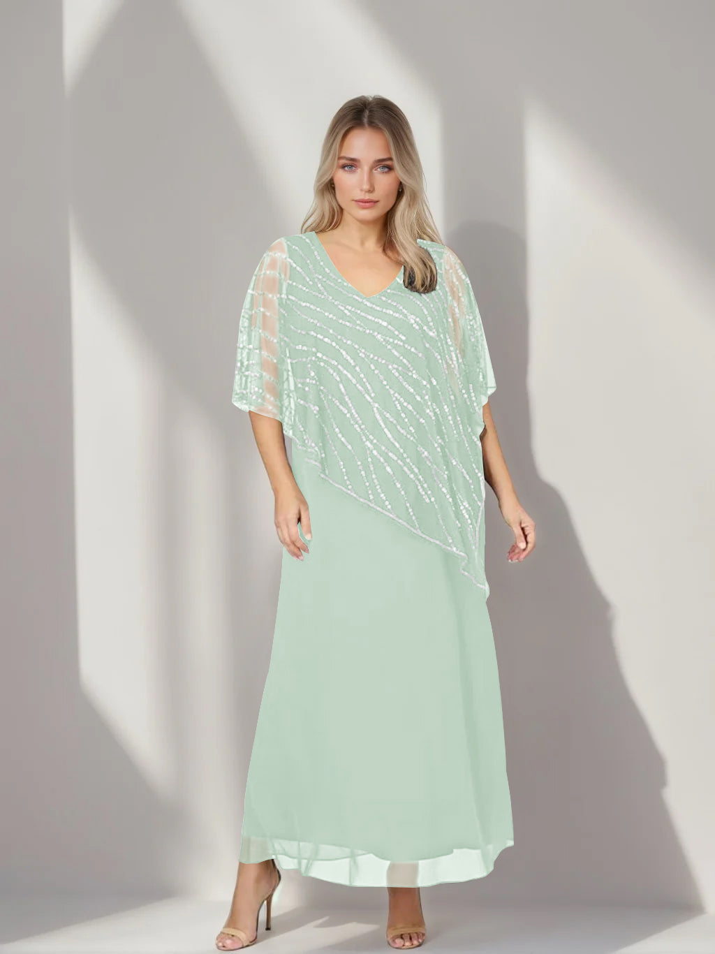 A-Line/Princess V-Neck Half Sleeves Ankle-Length Plus Size Mother of the Bride Dresses with Asymmetrical Cape Popover