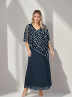 A-Line/Princess V-Neck Half Sleeves Ankle-Length Plus Size Mother of the Bride Dresses with Asymmetrical Cape Popover