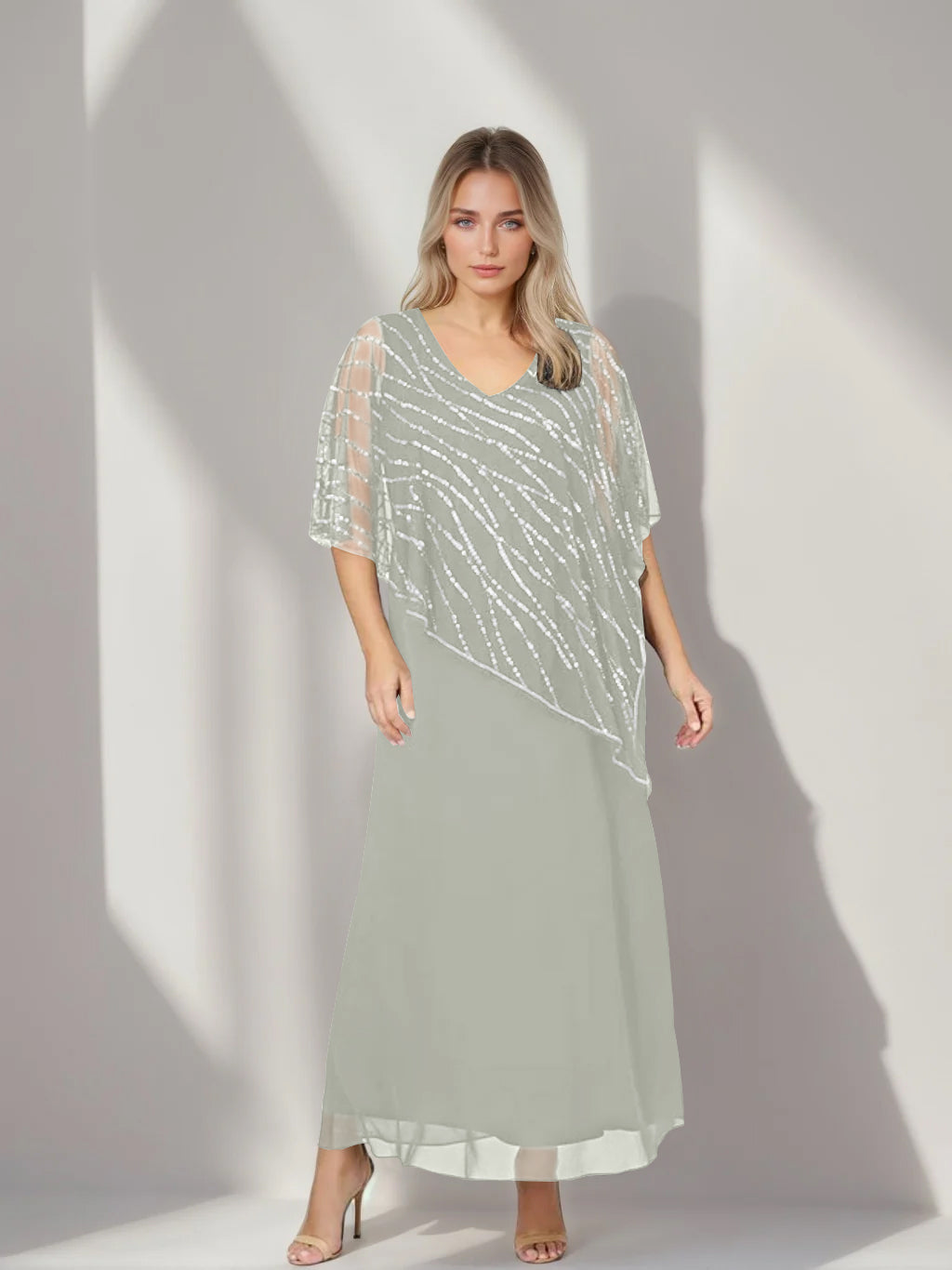 A-Line/Princess V-Neck Half Sleeves Ankle-Length Plus Size Mother of the Bride Dresses with Asymmetrical Cape Popover