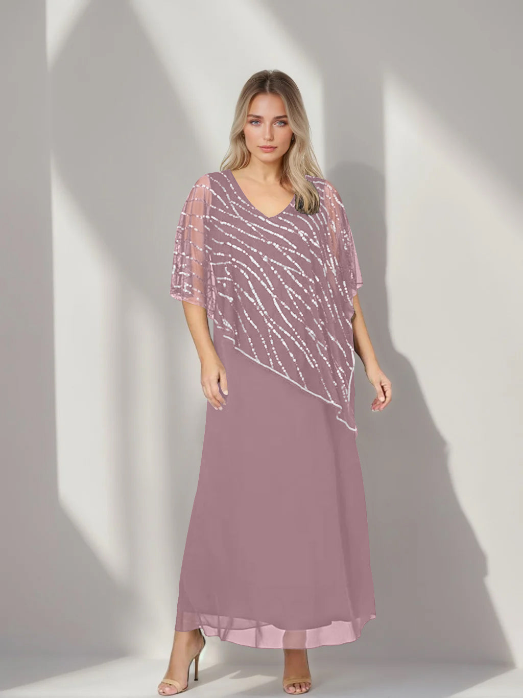 A-Line/Princess V-Neck Half Sleeves Ankle-Length Plus Size Mother of the Bride Dresses with Asymmetrical Cape Popover