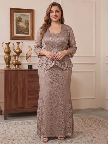 Sheath/Column Square Neck 3/4 Length Sleeves Floor-Length 2 Pieces Plus Size Mother of the Bride Dresses with Jacket