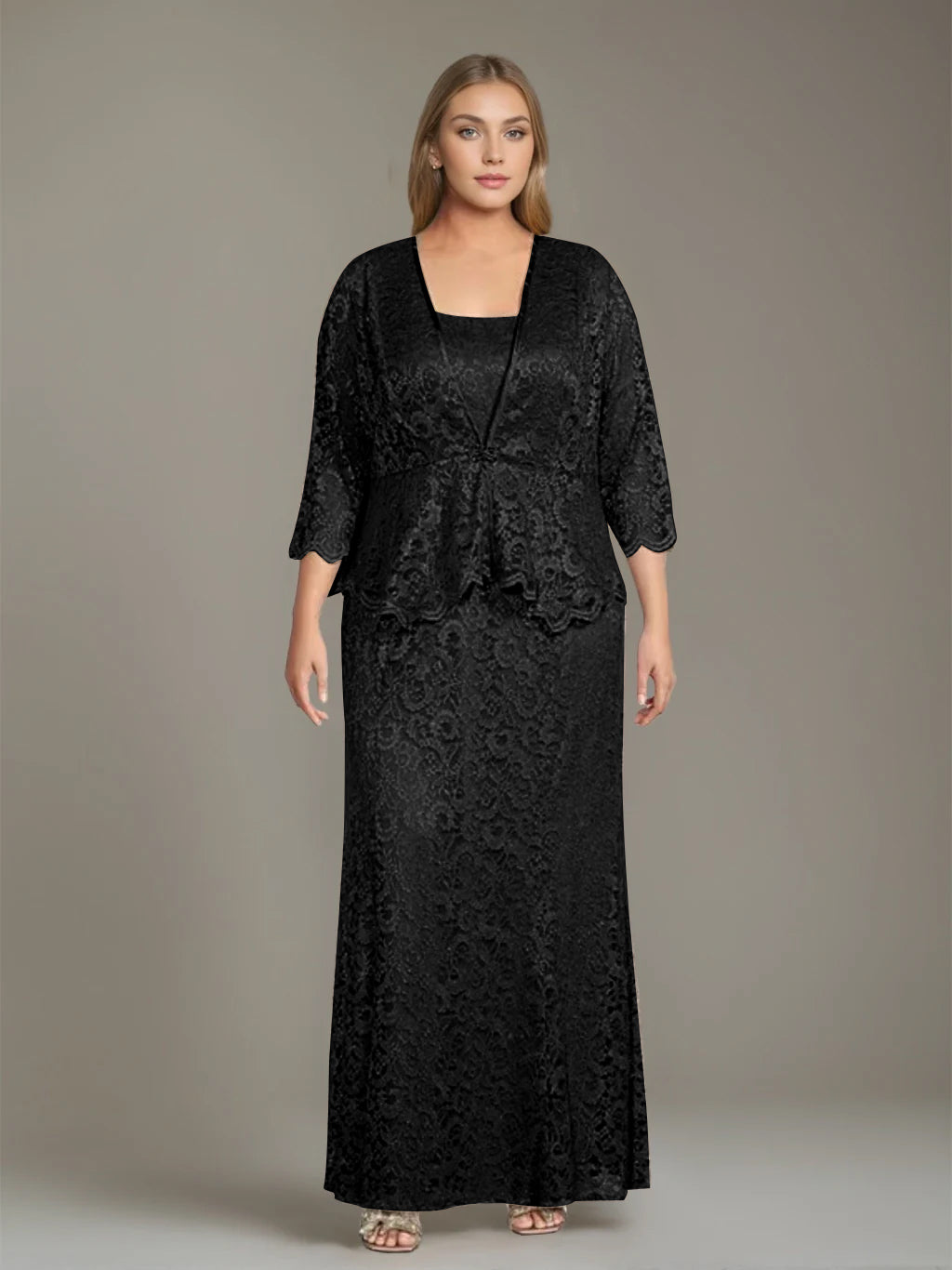 Sheath/Column Square Neck 3/4 Length Sleeves Floor-Length 2 Pieces Plus Size Mother of the Bride Dresses with Jacket