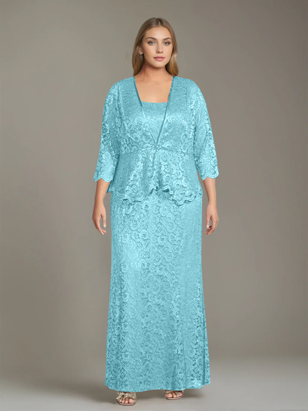 Sheath/Column Square Neck 3/4 Length Sleeves Floor-Length 2 Pieces Plus Size Mother of the Bride Dresses with Jacket