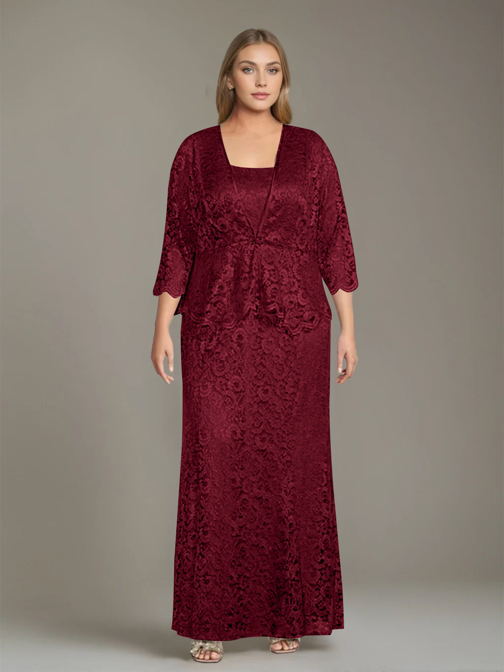 Sheath/Column Square Neck 3/4 Length Sleeves Floor-Length 2 Pieces Plus Size Mother of the Bride Dresses with Jacket