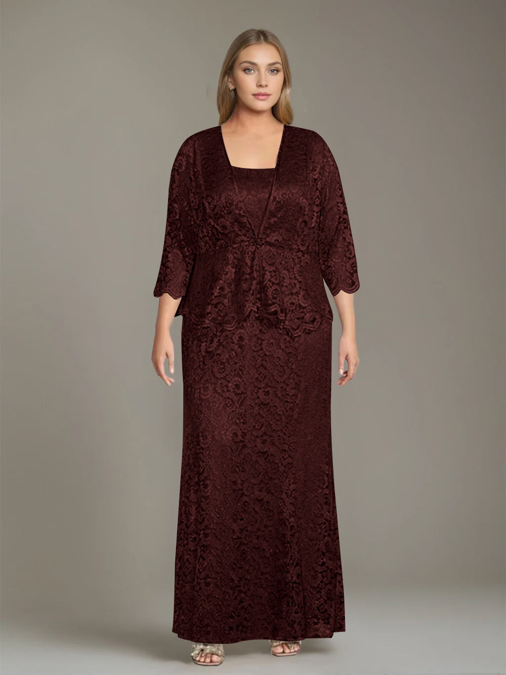 Sheath/Column Square Neck 3/4 Length Sleeves Floor-Length 2 Pieces Plus Size Mother of the Bride Dresses with Jacket