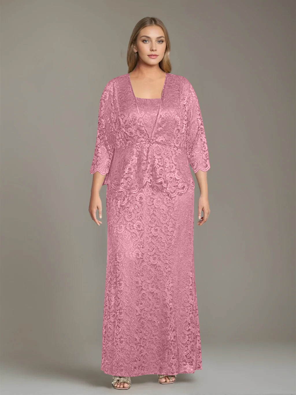 Sheath/Column Square Neck 3/4 Length Sleeves Floor-Length 2 Pieces Plus Size Mother of the Bride Dresses with Jacket