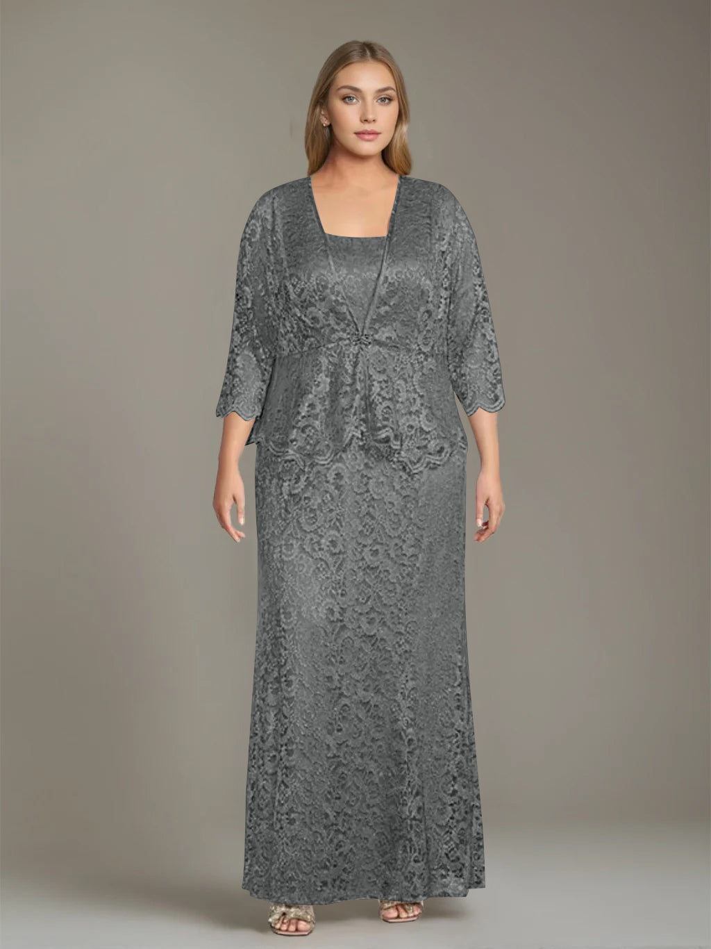 Sheath/Column Square Neck 3/4 Length Sleeves Floor-Length 2 Pieces Plus Size Mother of the Bride Dresses with Jacket
