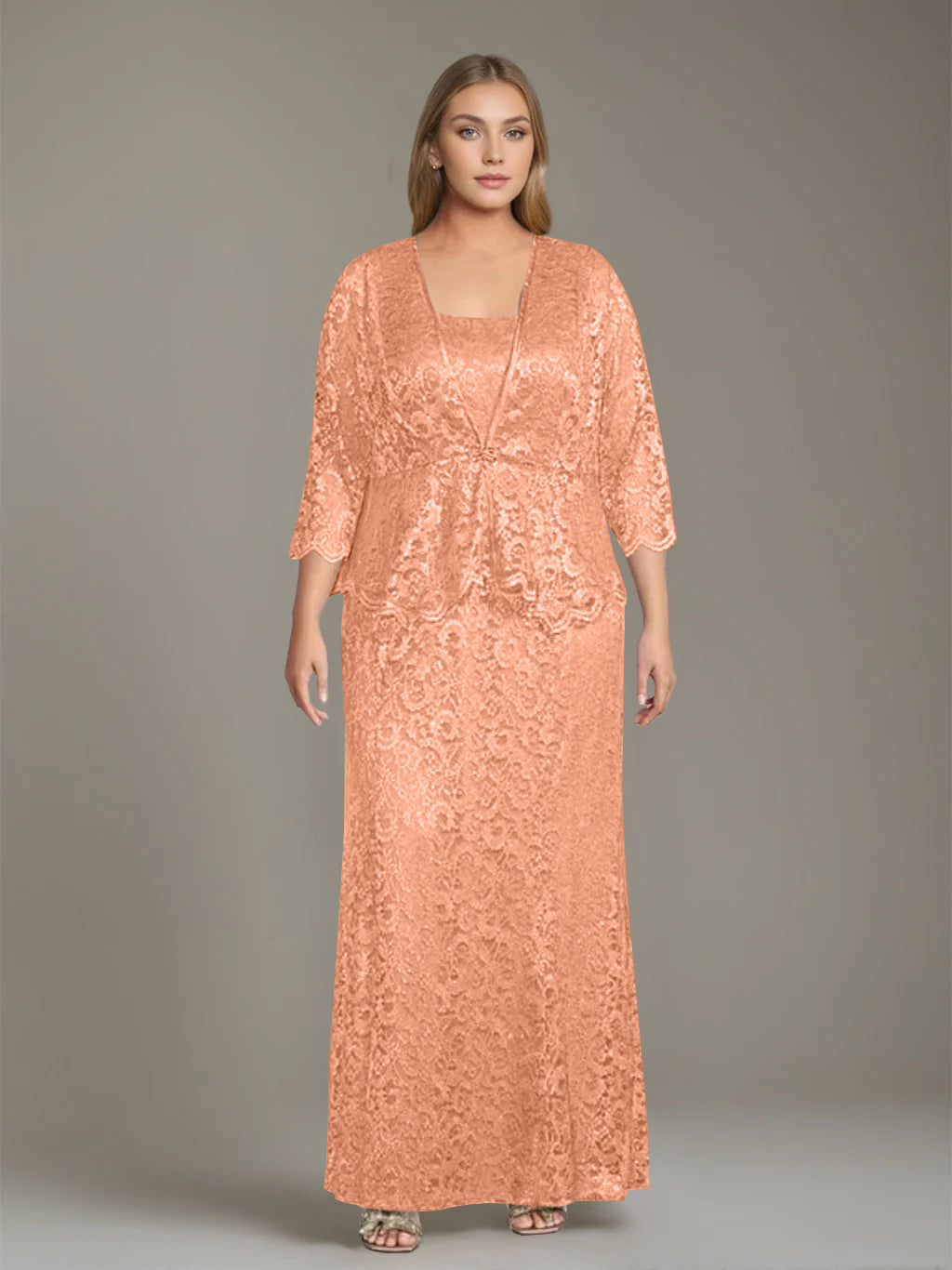 Sheath/Column Square Neck 3/4 Length Sleeves Floor-Length 2 Pieces Plus Size Mother of the Bride Dresses with Jacket