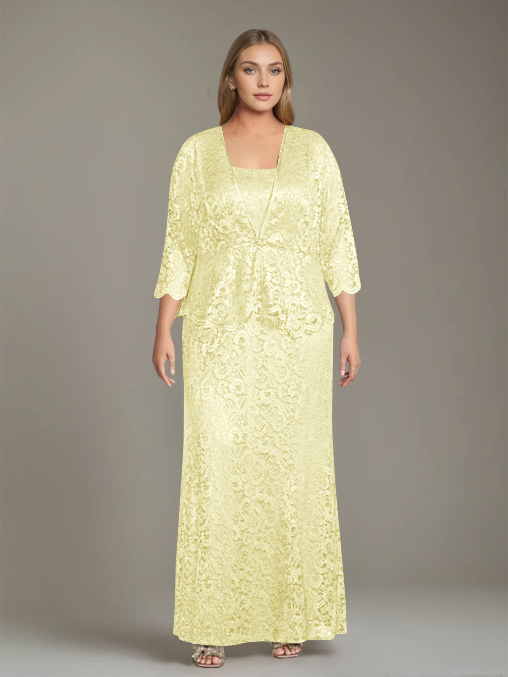 Sheath/Column Square Neck 3/4 Length Sleeves Floor-Length 2 Pieces Plus Size Mother of the Bride Dresses with Jacket