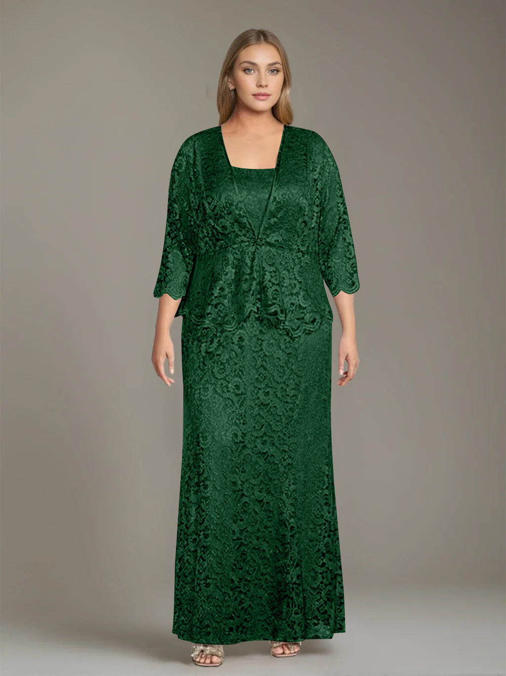 Sheath/Column Square Neck 3/4 Length Sleeves Floor-Length 2 Pieces Plus Size Mother of the Bride Dresses with Jacket