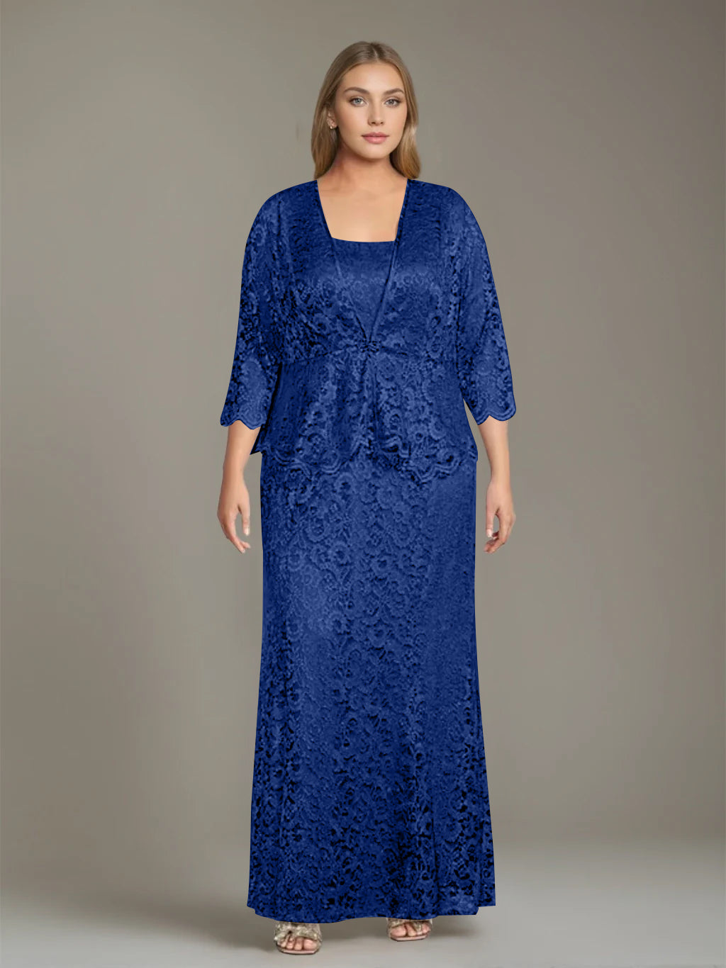 Sheath/Column Square Neck 3/4 Length Sleeves Floor-Length 2 Pieces Plus Size Mother of the Bride Dresses with Jacket