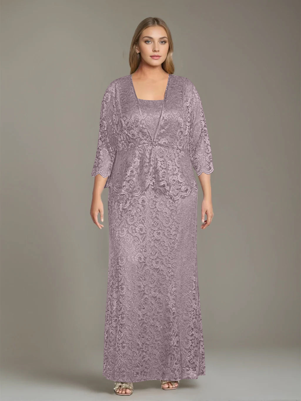Sheath/Column Square Neck 3/4 Length Sleeves Floor-Length 2 Pieces Plus Size Mother of the Bride Dresses with Jacket