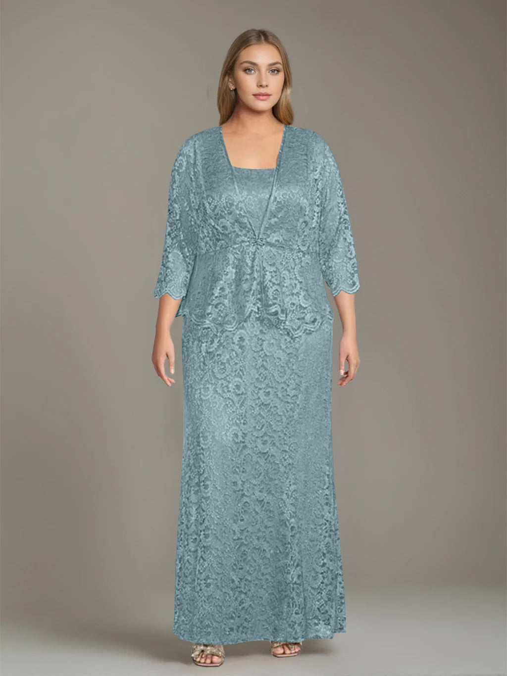 Sheath/Column Square Neck 3/4 Length Sleeves Floor-Length 2 Pieces Plus Size Mother of the Bride Dresses with Jacket