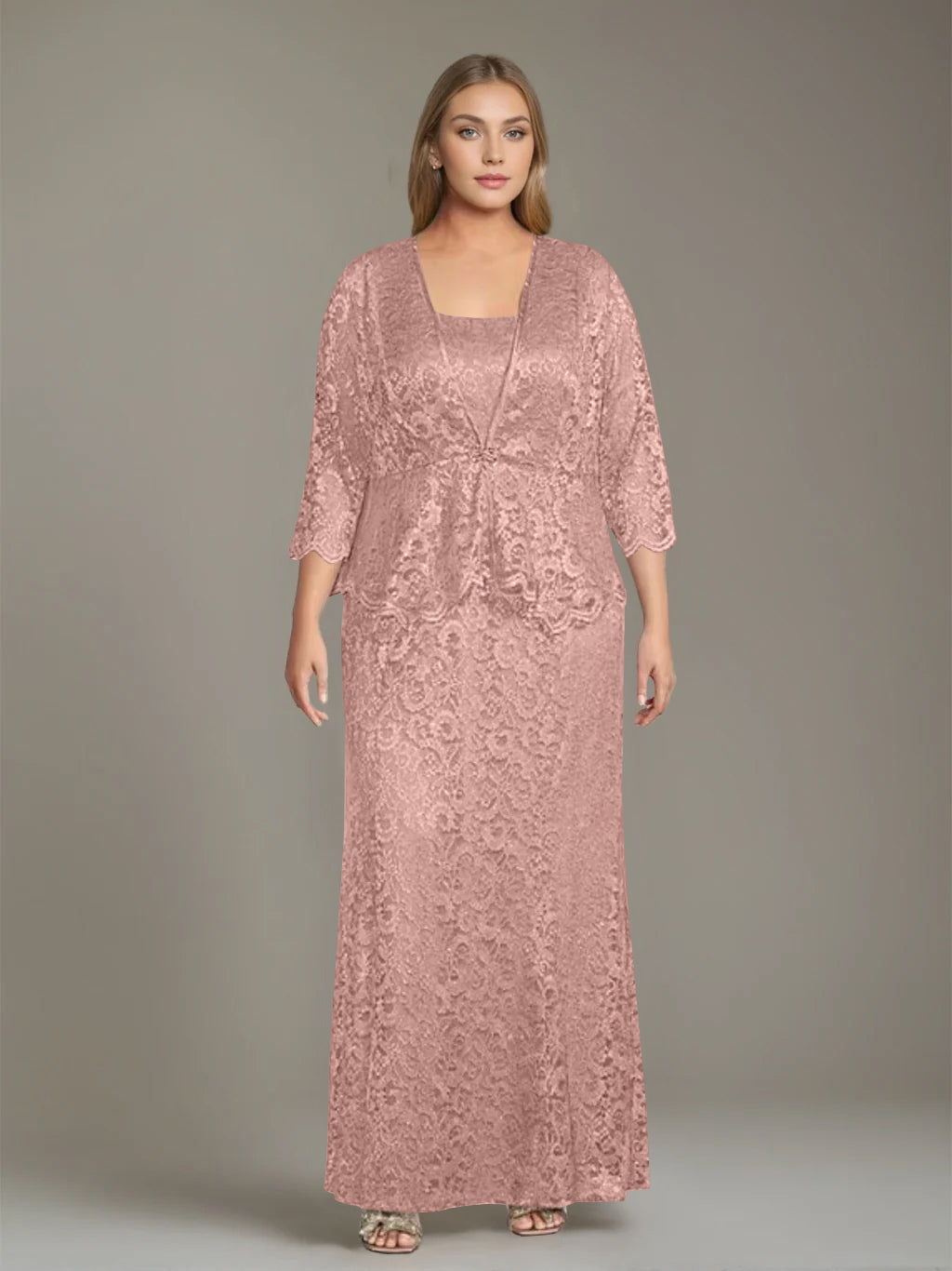 Sheath/Column Square Neck 3/4 Length Sleeves Floor-Length 2 Pieces Plus Size Mother of the Bride Dresses with Jacket