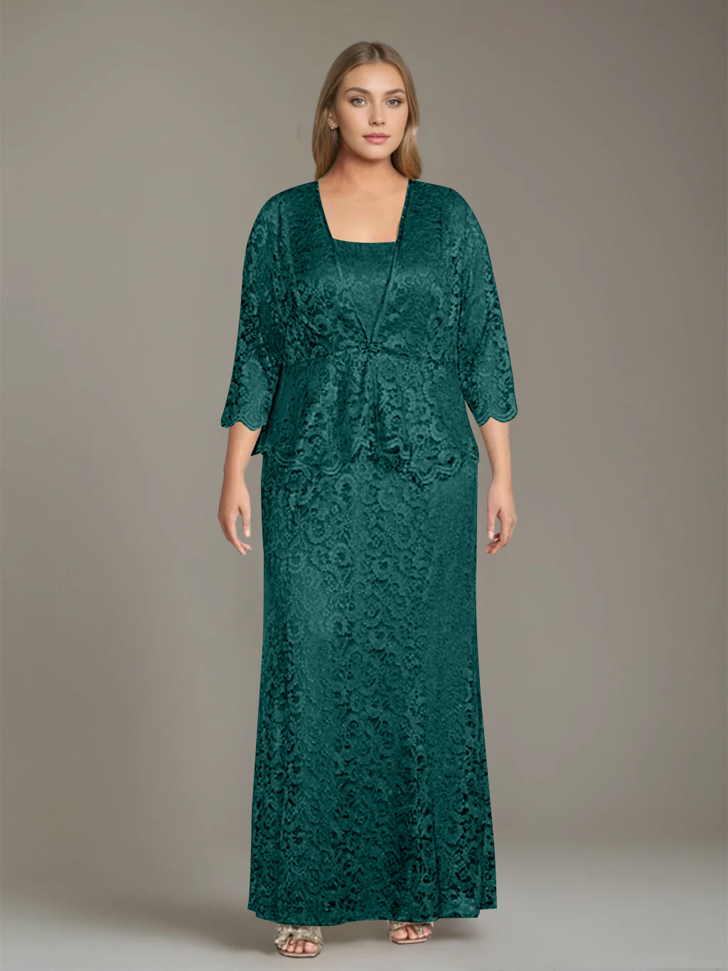 Sheath/Column Square Neck 3/4 Length Sleeves Floor-Length 2 Pieces Plus Size Mother of the Bride Dresses with Jacket