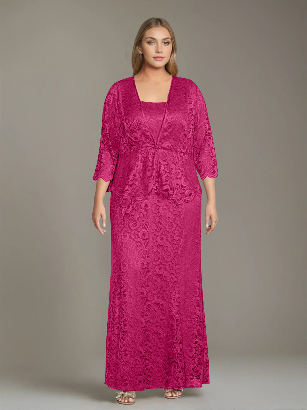 Sheath/Column Square Neck 3/4 Length Sleeves Floor-Length 2 Pieces Plus Size Mother of the Bride Dresses with Jacket