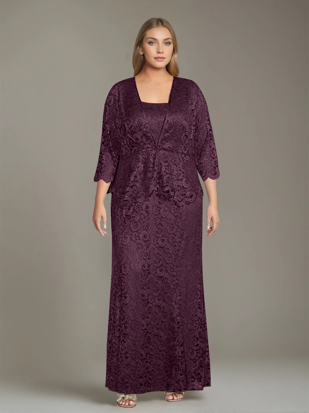Sheath/Column Square Neck 3/4 Length Sleeves Floor-Length 2 Pieces Plus Size Mother of the Bride Dresses with Jacket