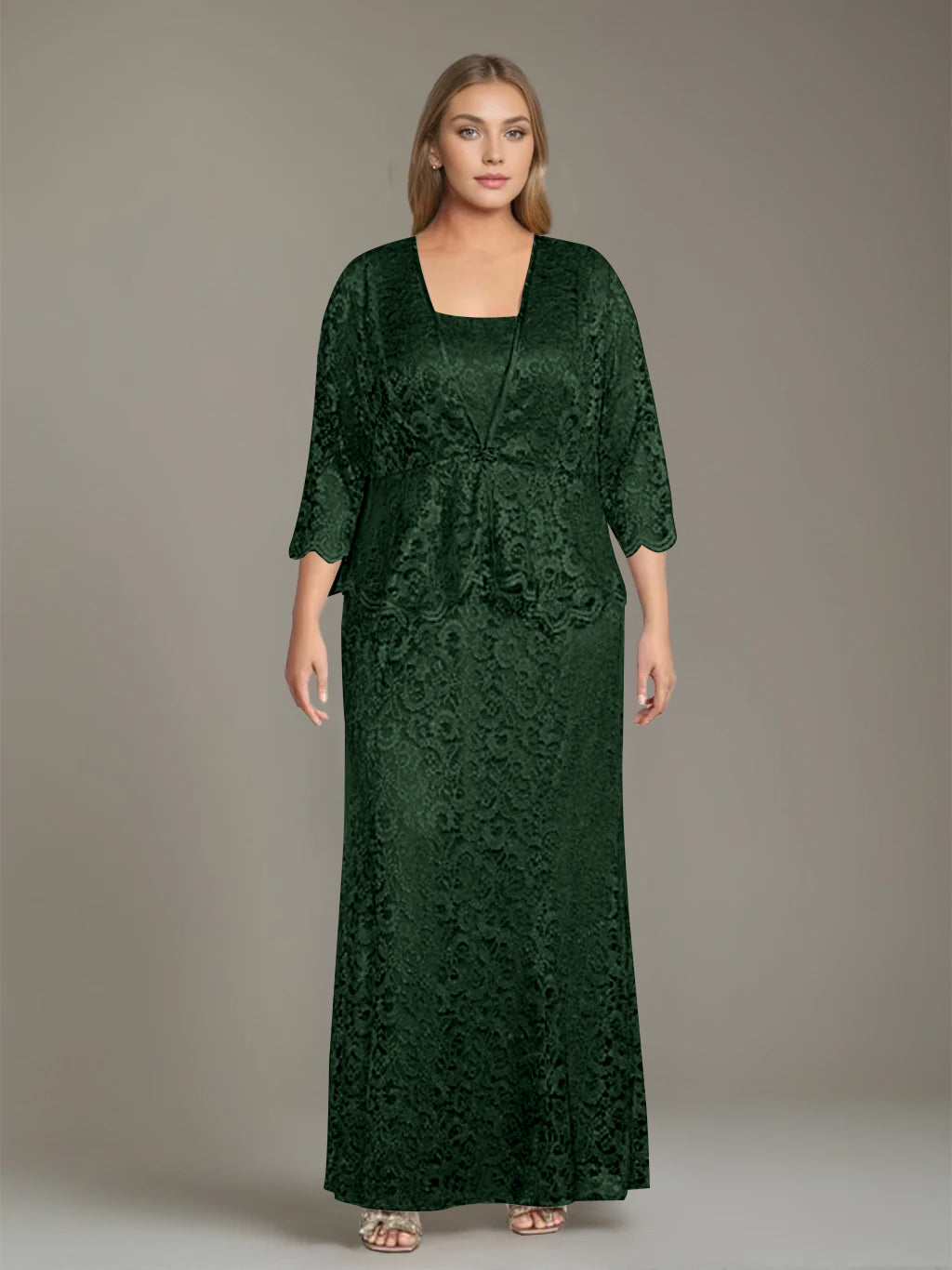 Sheath/Column Square Neck 3/4 Length Sleeves Floor-Length 2 Pieces Plus Size Mother of the Bride Dresses with Jacket