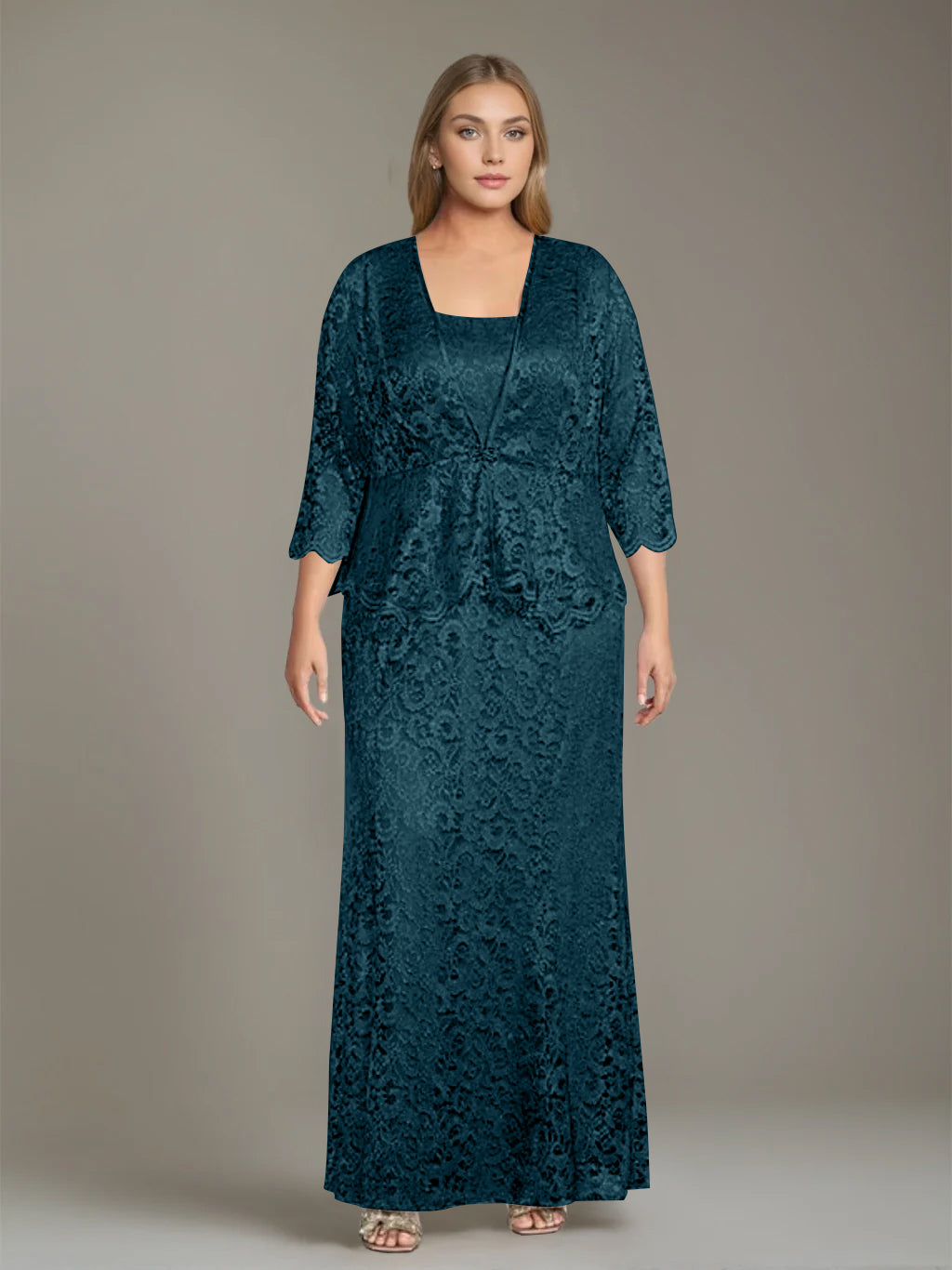Sheath/Column Square Neck 3/4 Length Sleeves Floor-Length 2 Pieces Plus Size Mother of the Bride Dresses with Jacket