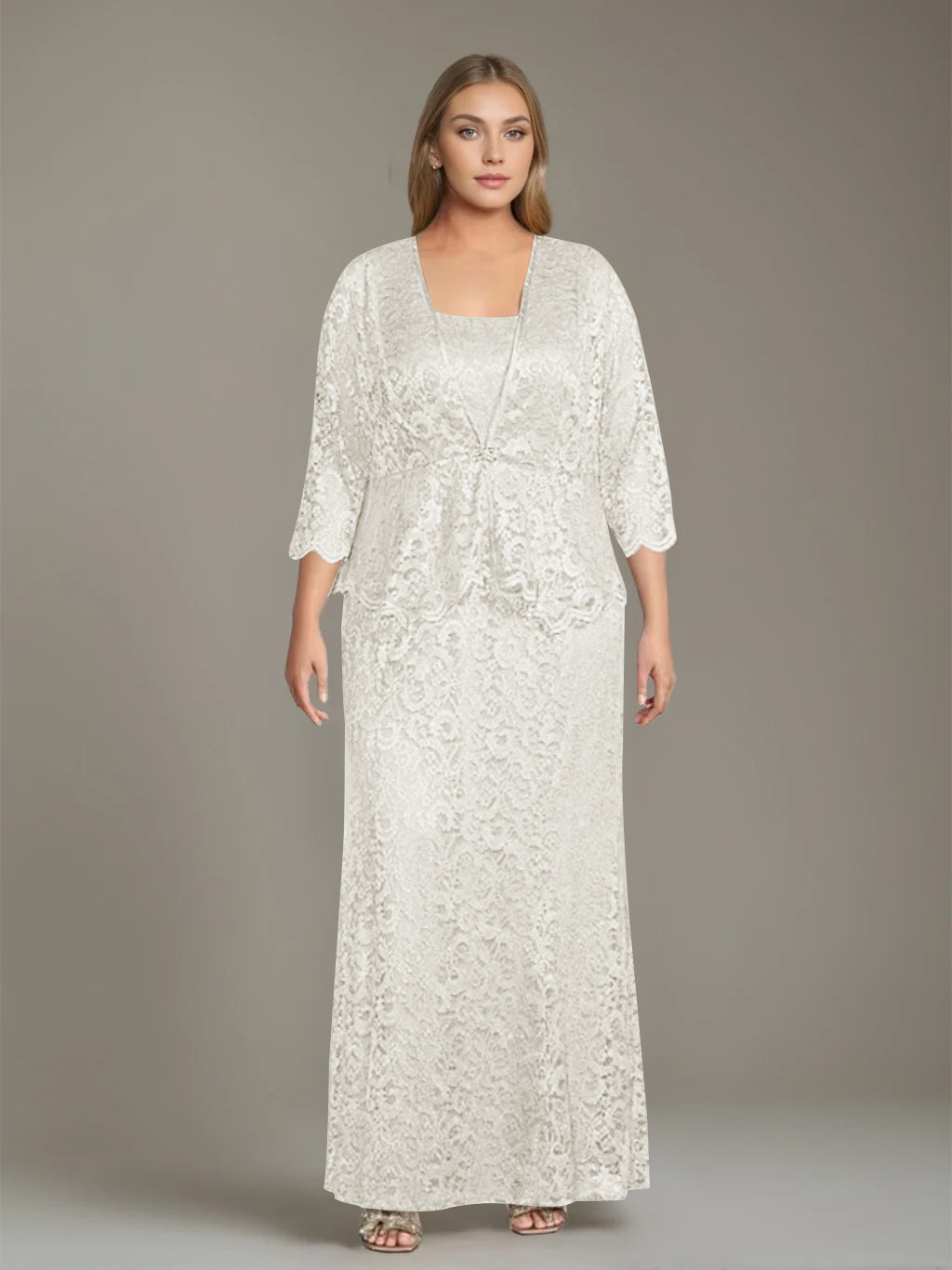 Sheath/Column Square Neck 3/4 Length Sleeves Floor-Length 2 Pieces Plus Size Mother of the Bride Dresses with Jacket