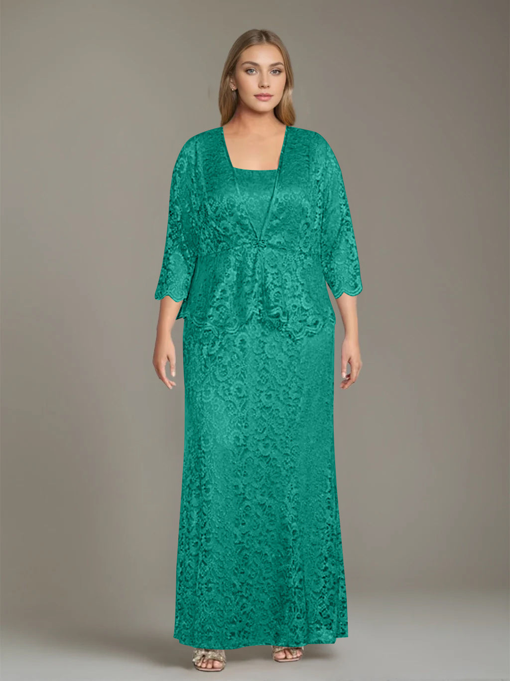 Sheath/Column Square Neck 3/4 Length Sleeves Floor-Length 2 Pieces Plus Size Mother of the Bride Dresses with Jacket