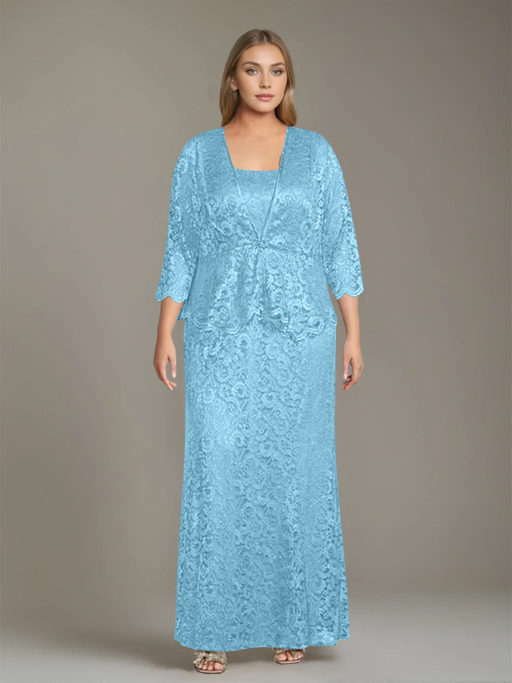 Sheath/Column Square Neck 3/4 Length Sleeves Floor-Length 2 Pieces Plus Size Mother of the Bride Dresses with Jacket