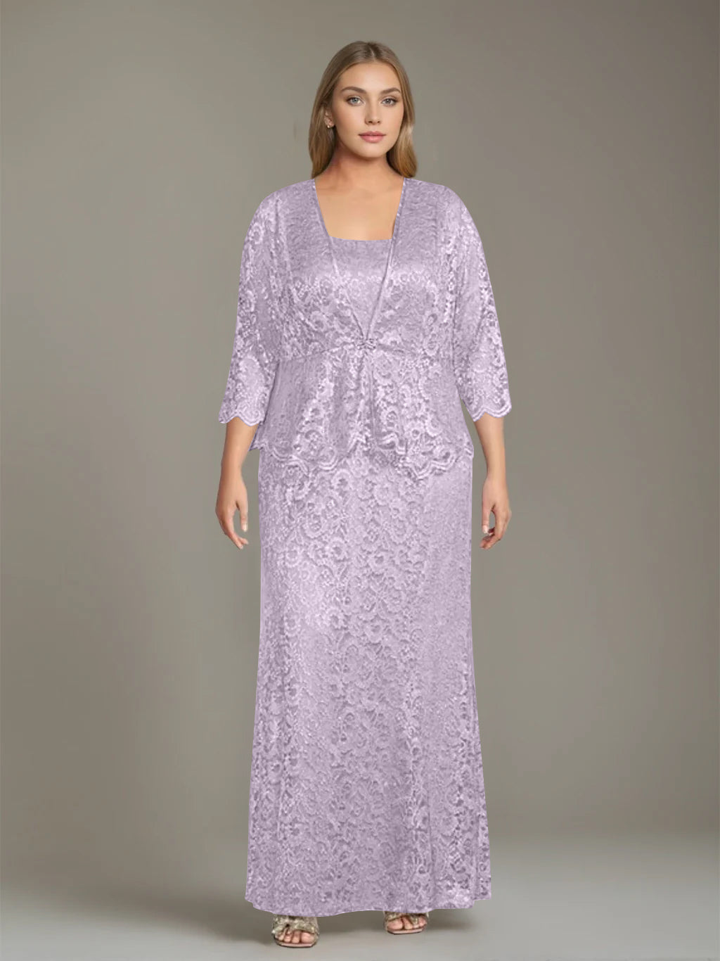 Sheath/Column Square Neck 3/4 Length Sleeves Floor-Length 2 Pieces Plus Size Mother of the Bride Dresses with Jacket