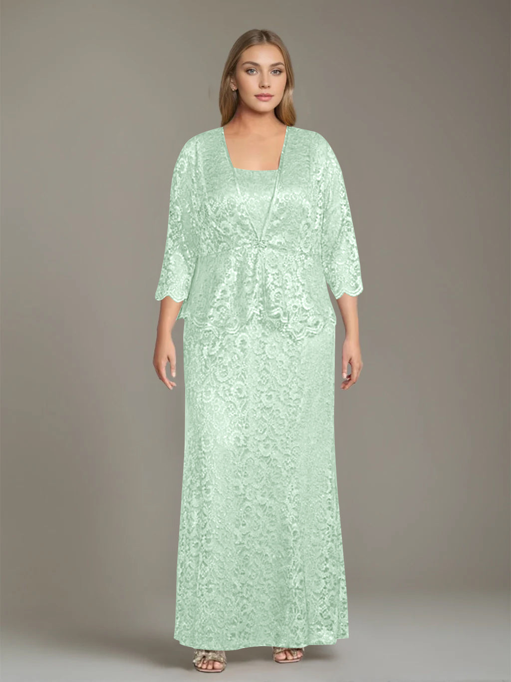 Sheath/Column Square Neck 3/4 Length Sleeves Floor-Length 2 Pieces Plus Size Mother of the Bride Dresses with Jacket