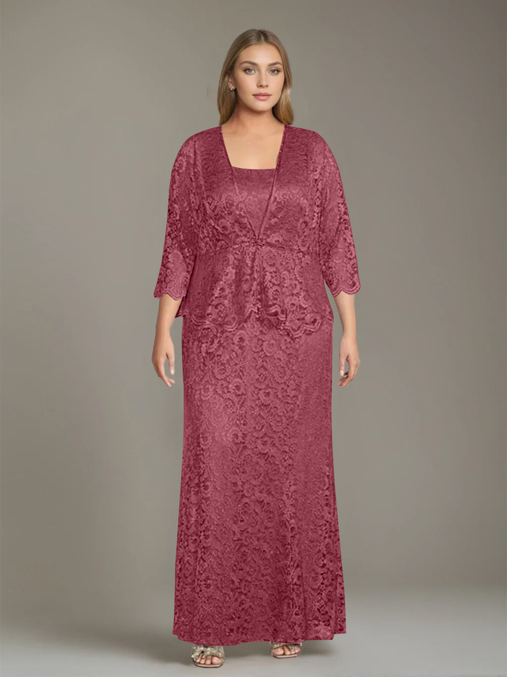 Sheath/Column Square Neck 3/4 Length Sleeves Floor-Length 2 Pieces Plus Size Mother of the Bride Dresses with Jacket