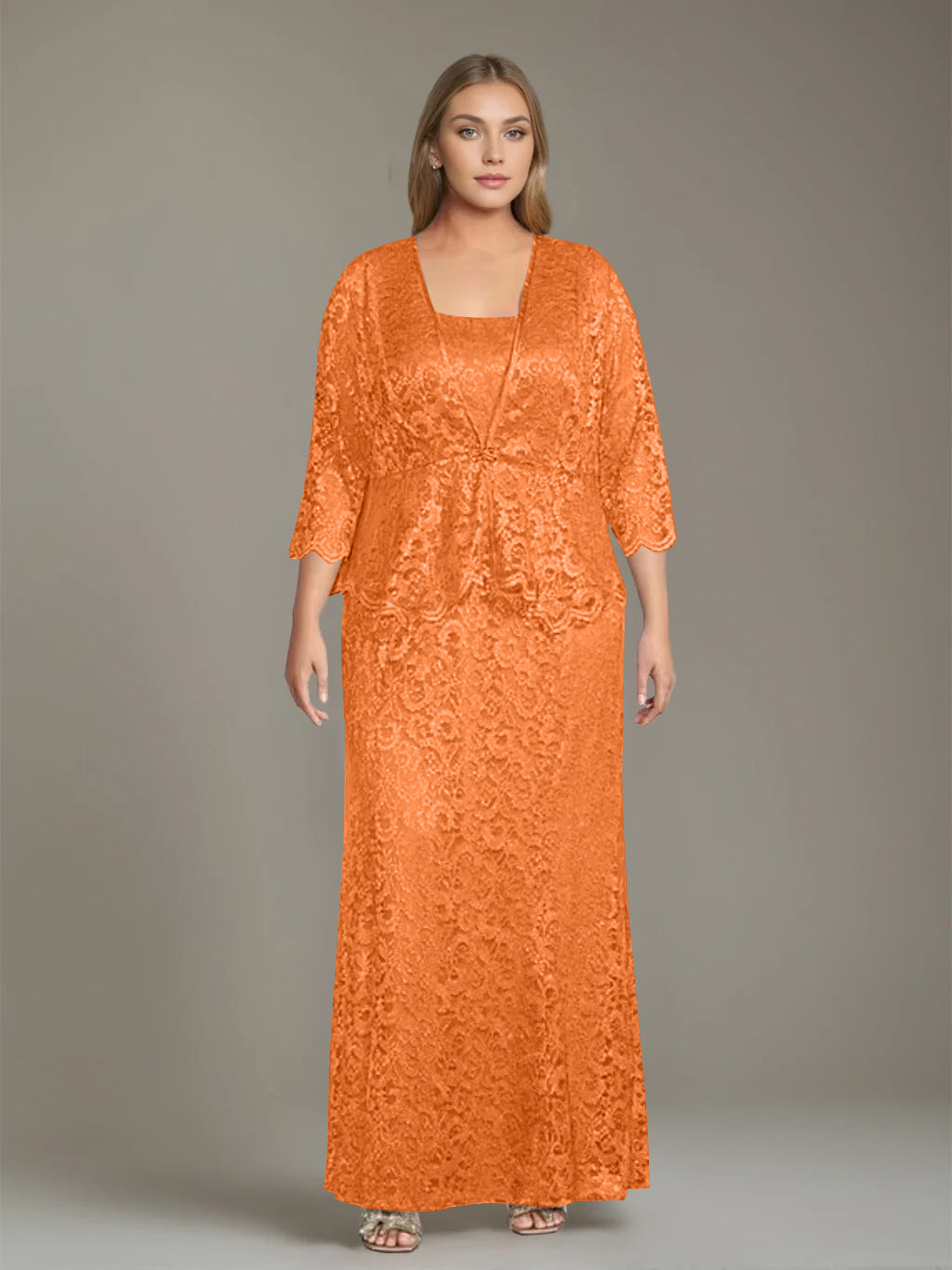 Sheath/Column Square Neck 3/4 Length Sleeves Floor-Length 2 Pieces Plus Size Mother of the Bride Dresses with Jacket