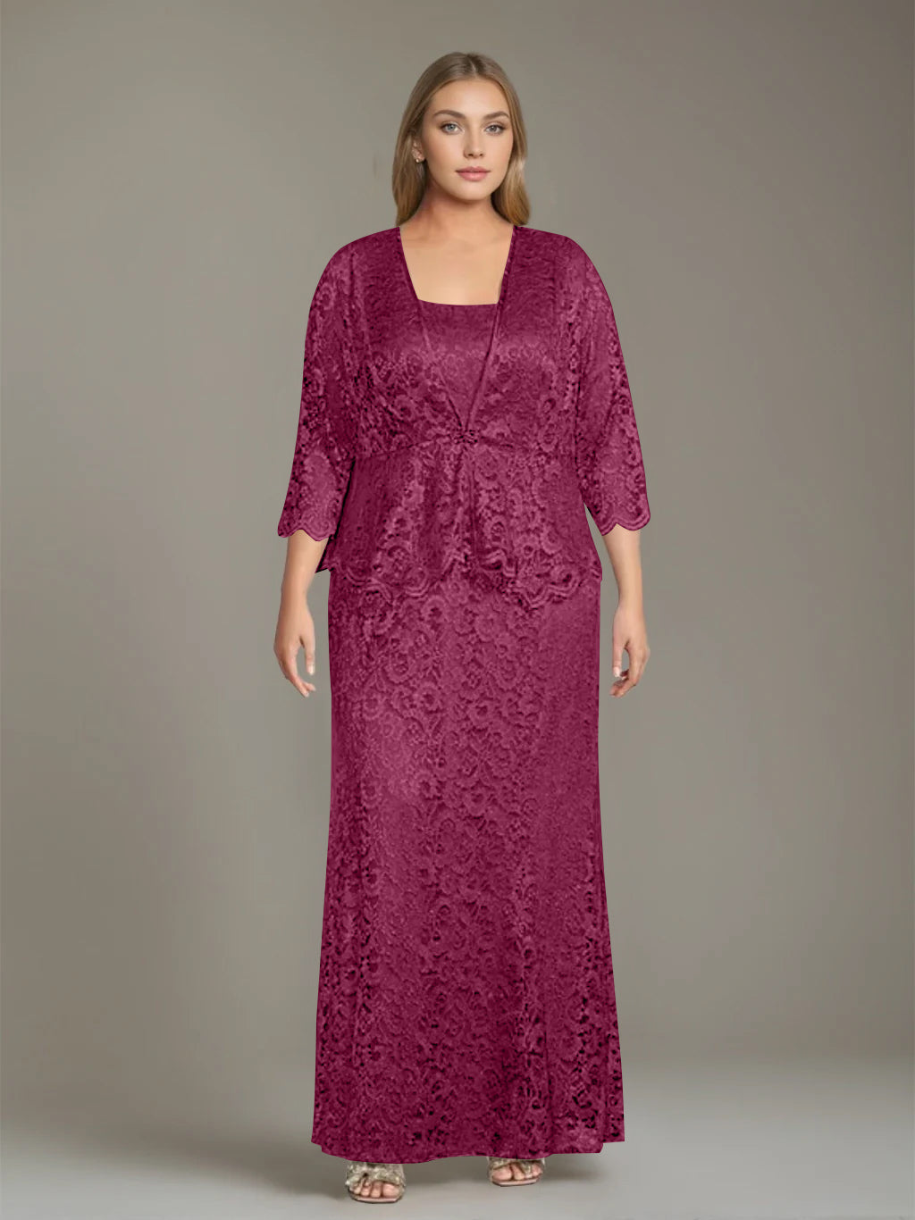 Sheath/Column Square Neck 3/4 Length Sleeves Floor-Length 2 Pieces Plus Size Mother of the Bride Dresses with Jacket