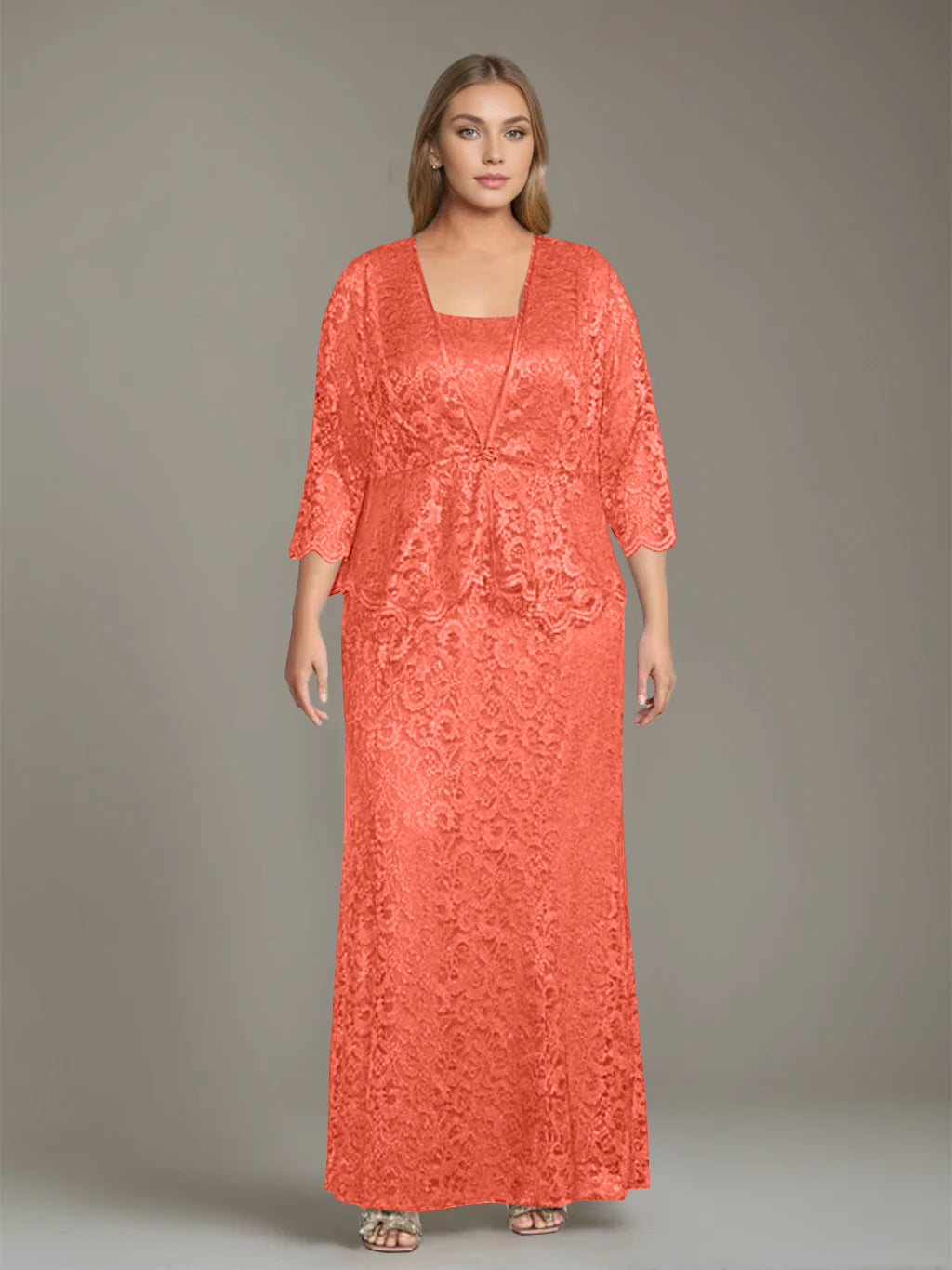 Sheath/Column Square Neck 3/4 Length Sleeves Floor-Length 2 Pieces Plus Size Mother of the Bride Dresses with Jacket